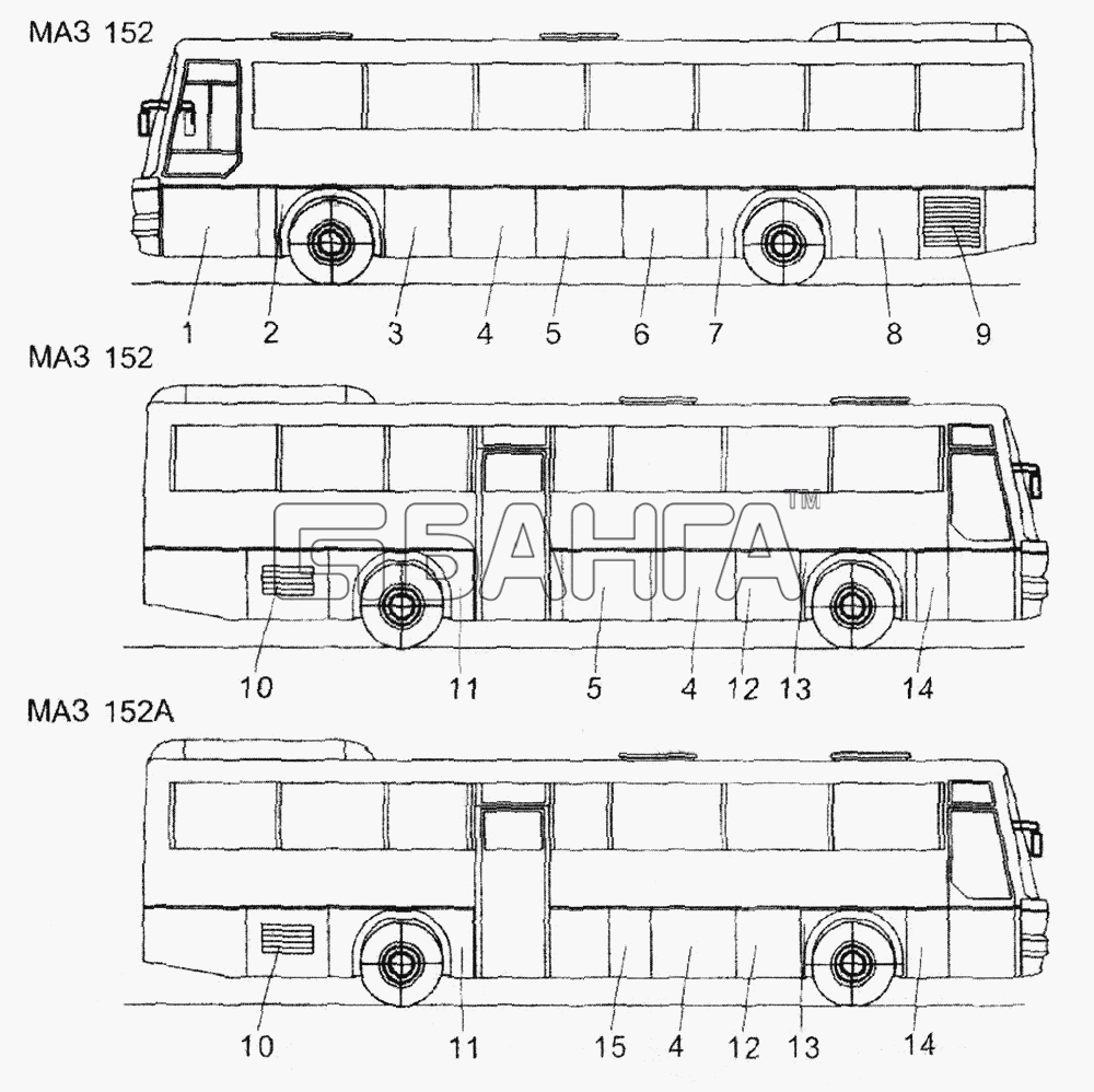 АМАЗ МАЗ-104С Схема Расположение крышек и решеток на кузове МАЗ